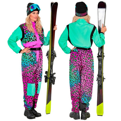 Damen Skianzug einteilig Leopard – bunter Retro-Overall in Türkis
