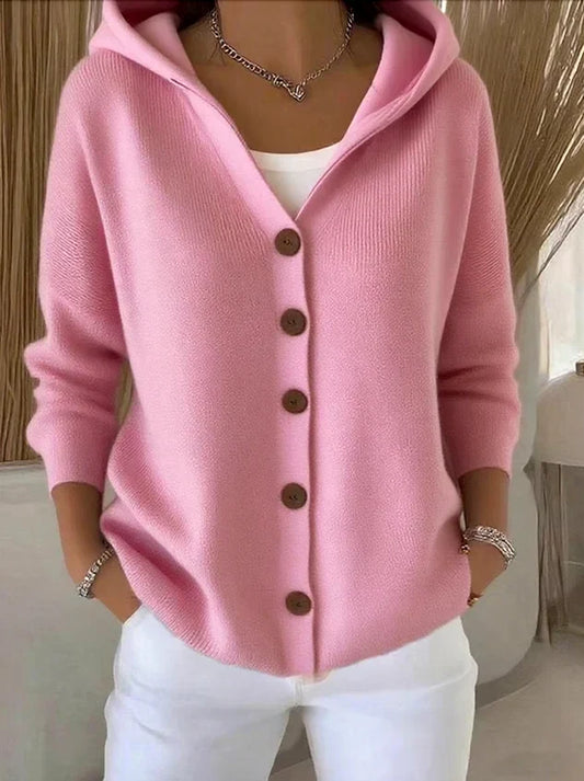 Damen Strickjacke mit Kapuze und Knöpfen Cardigan