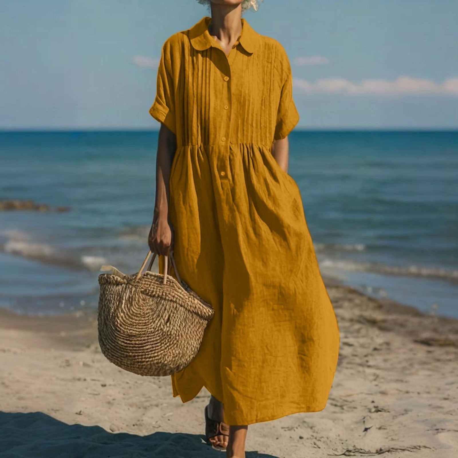 Hemdblusenkleid Damen aus Baumwolle – Midikleid, Detailansicht
