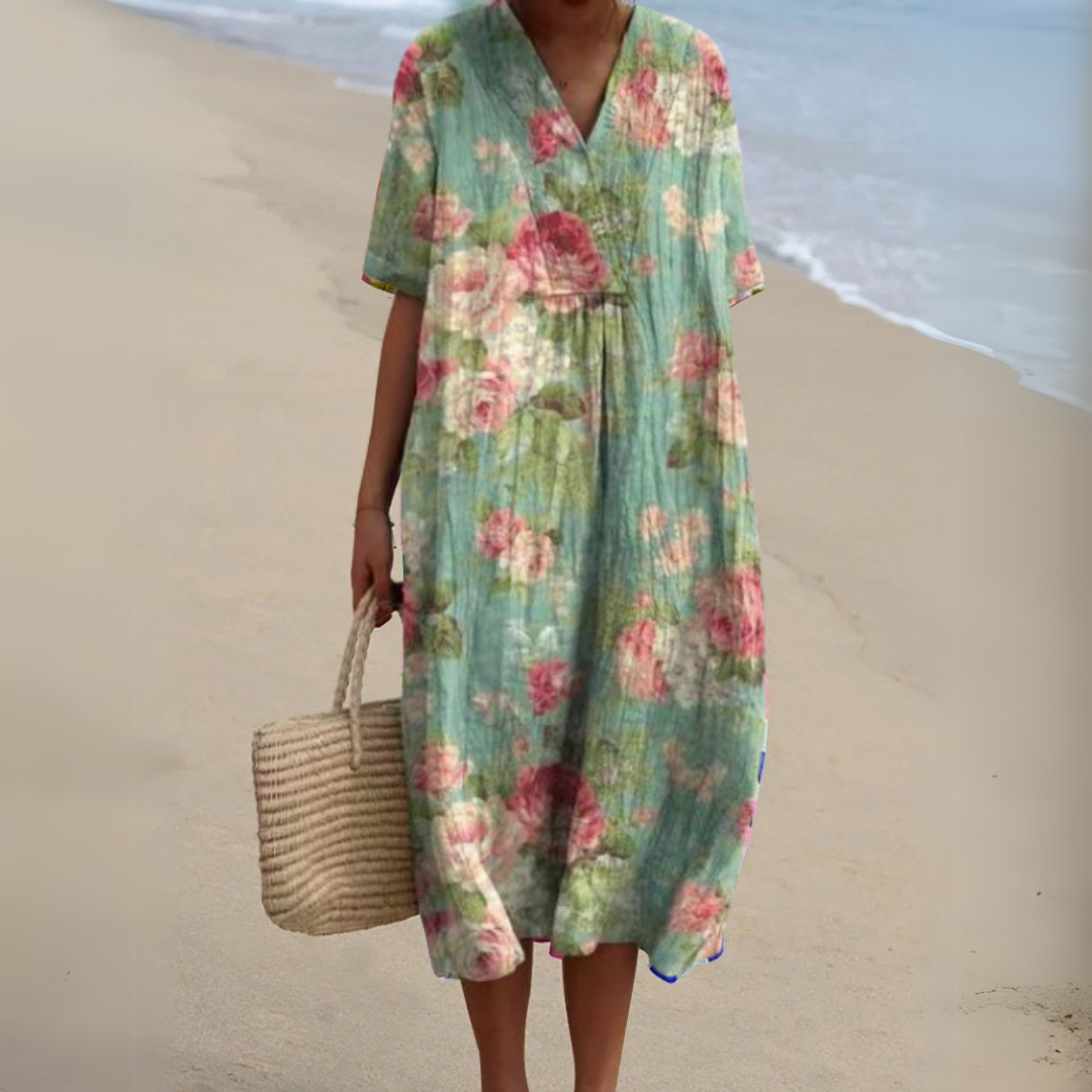 Sommerkleid mit Blumenmuster – luftiges Kleid mit V-Ausschnitt und Bindegürtel