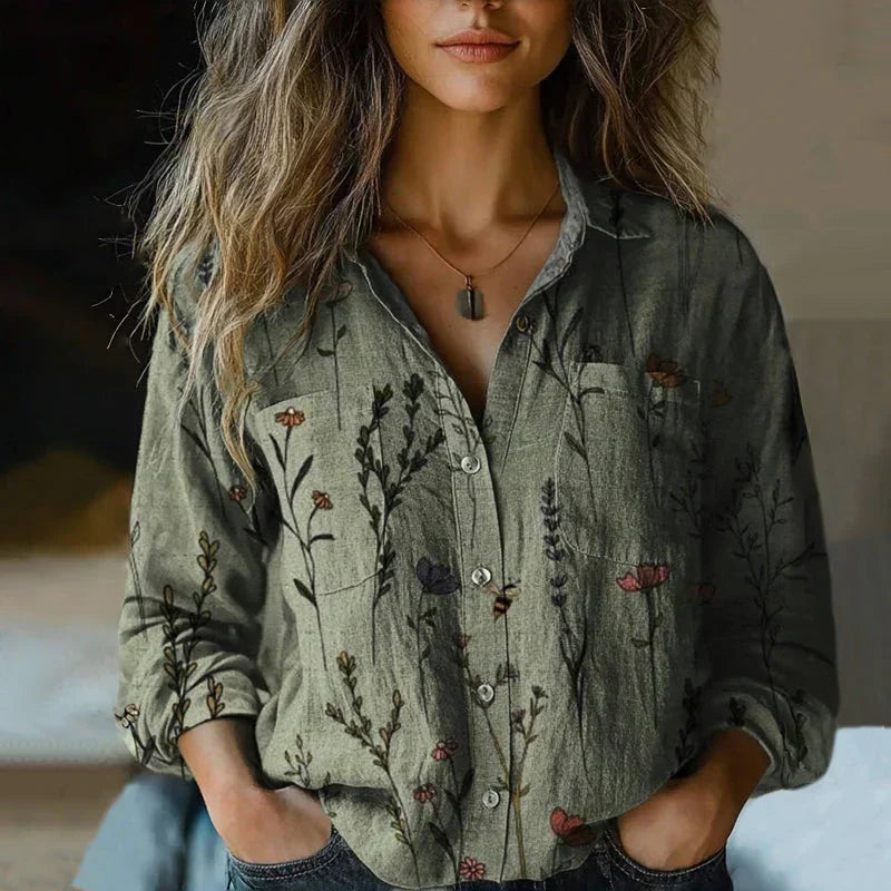 Boho-Bluse Damen mit Kragen und Muster