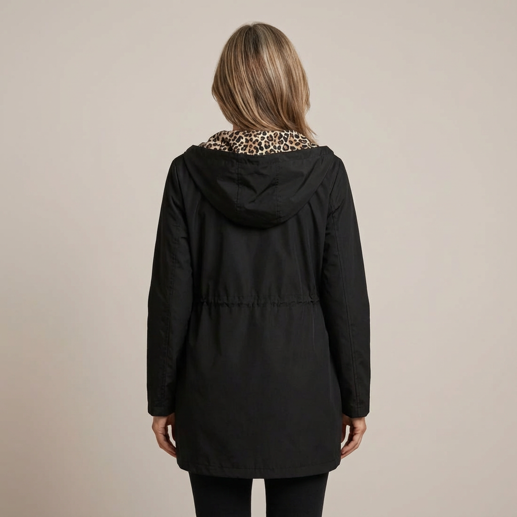 Wende-Mantel Damen mit Kapuze – Jacke mit Leopardenmuster aus Baumwollmischung