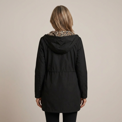 Wende-Mantel Damen mit Kapuze – Jacke mit Leopardenmuster aus Baumwollmischung