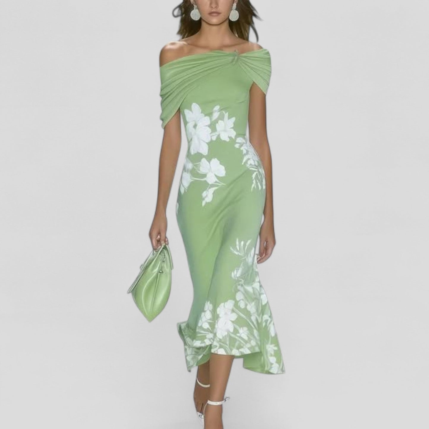 Midikleid Damen aus Polyester mit Statement-Print in Grün – elegantes Kleid, Vorderansicht