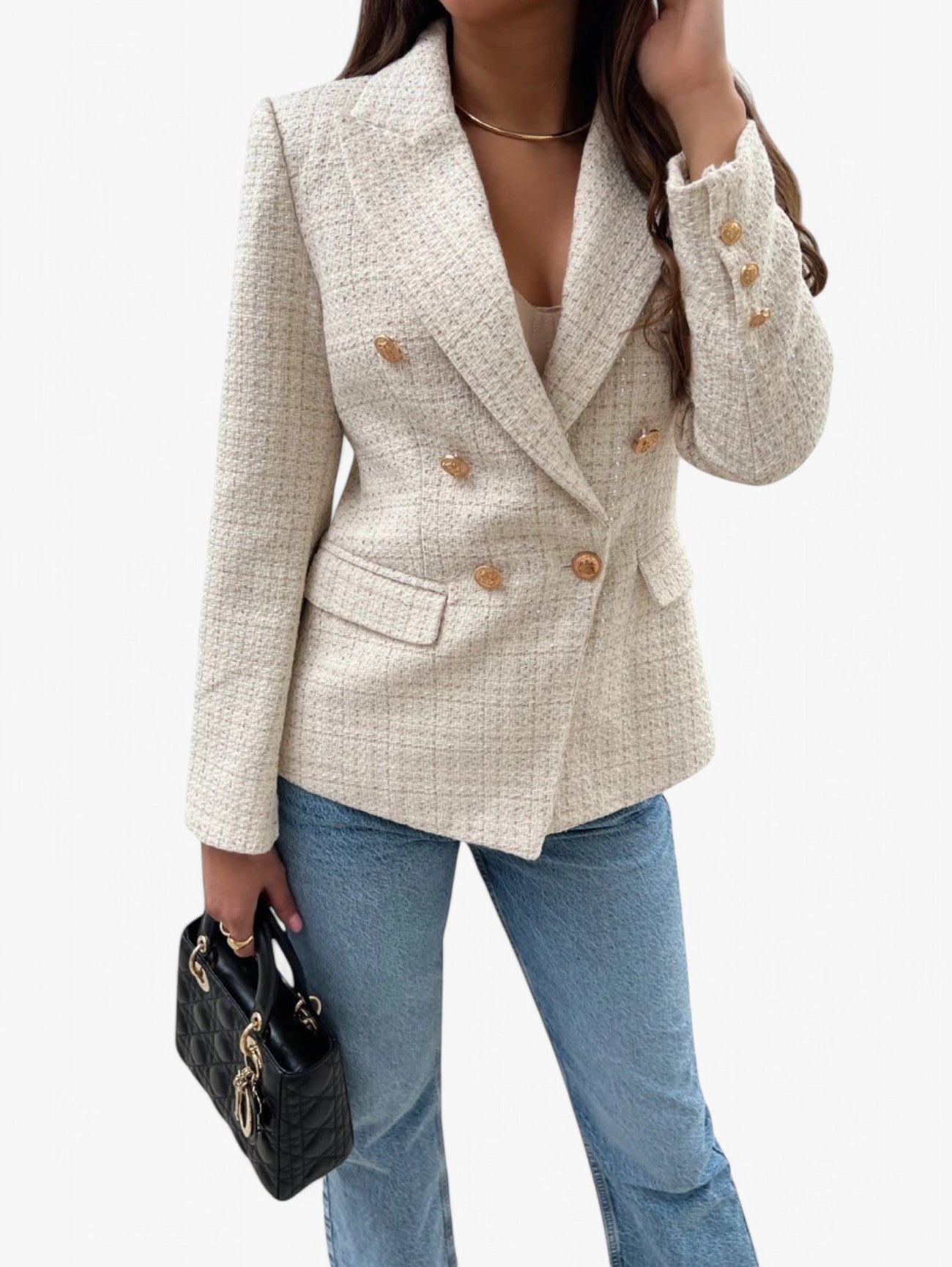 Tweed-Blazer Damen in Weiß – taillierter Blazer mit Goldknöpfen, Vorderansicht