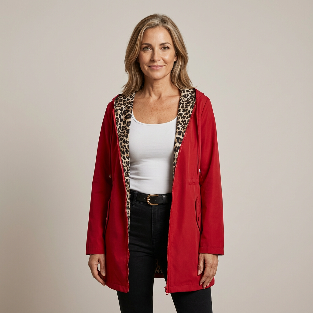 Wende-Mantel Damen mit Kapuze – Jacke mit Leopardenmuster aus Baumwollmischung