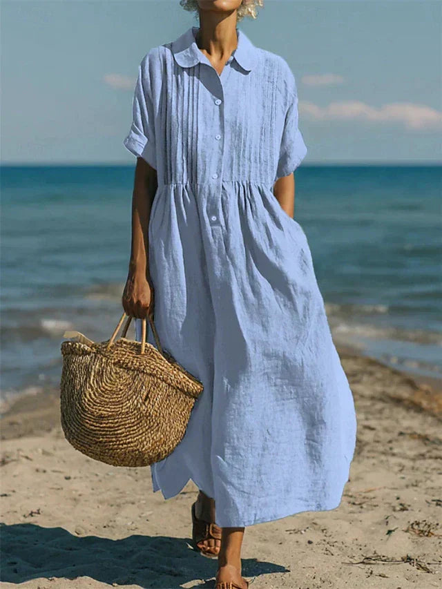 Hemdblusenkleid Damen aus Baumwolle in Blau – Midikleid mit Knopfleiste