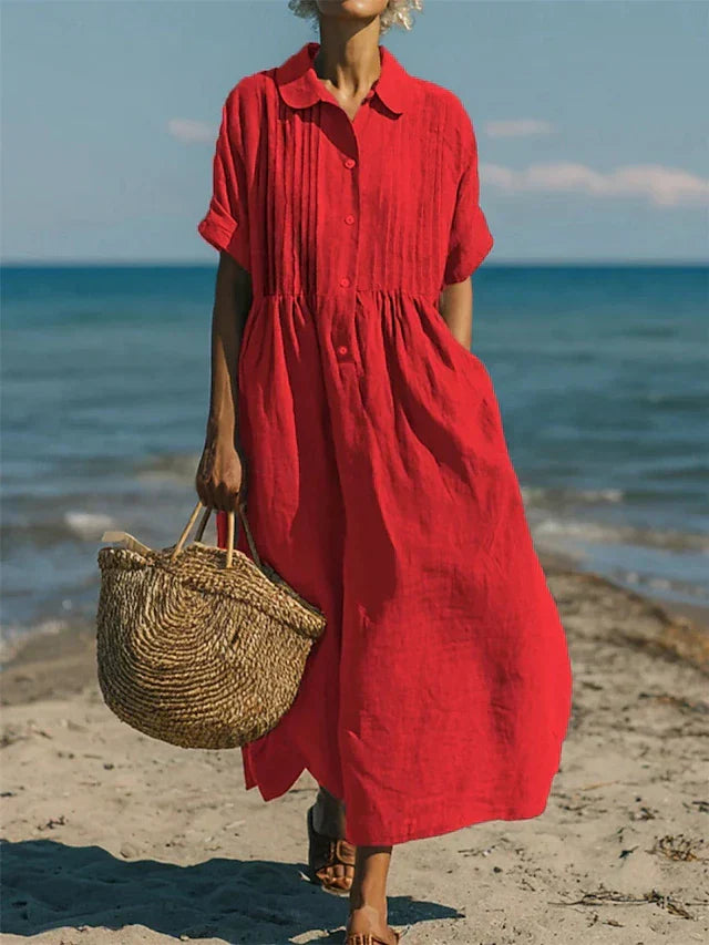 Hemdblusenkleid Damen aus Baumwolle in Rot – Midikleid mit Kragen