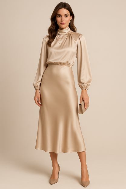 Midikleid Damen mit Stehkragen aus Baumwollmischung