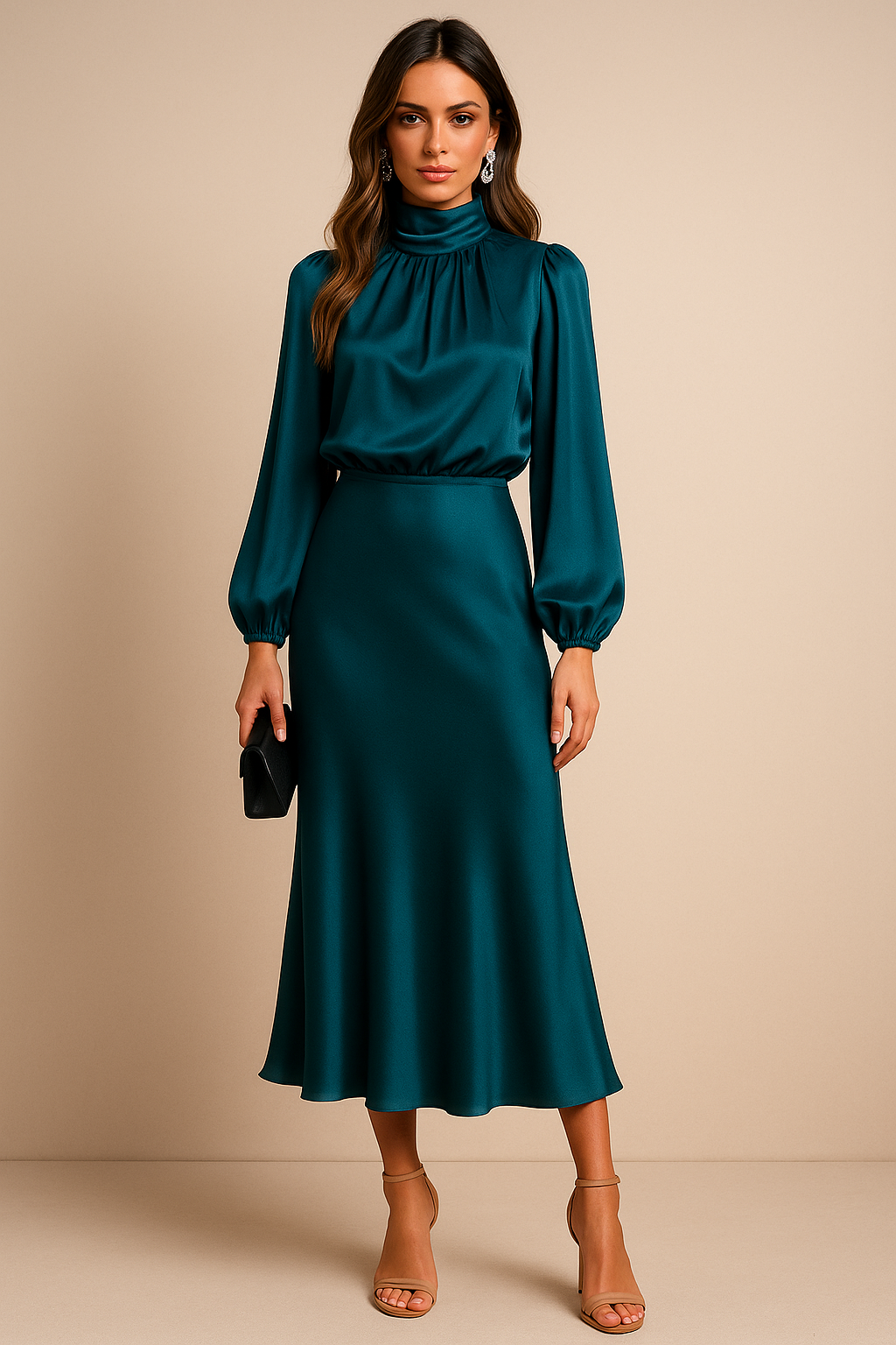 Midikleid mit Stehkragen aus Baumwollmischung – elegantes tailliertes Kleid
