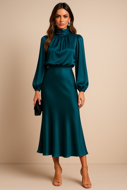 Midikleid mit Stehkragen aus Baumwollmischung – elegantes tailliertes Kleid
