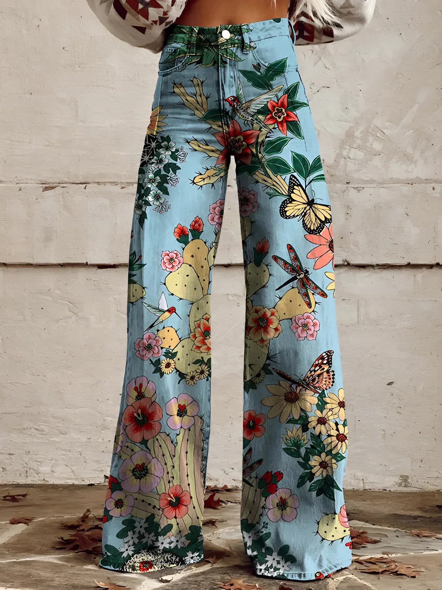 Damen Wide-Leg-Jeans High-Waist aus Denim mit Blumenprint – Detailansicht