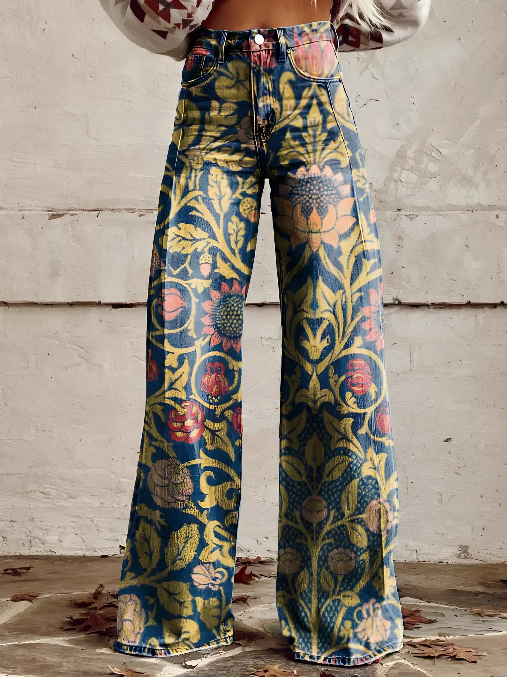 Damen Wide-Leg-Jeans High-Waist aus Denim mit Blumenprint – Detailansicht