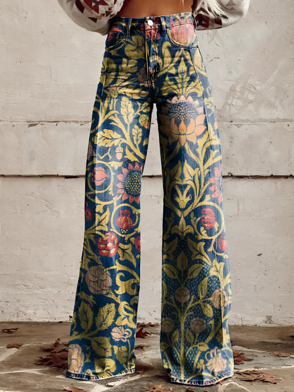 Damen Wide-Leg-Jeans High-Waist aus Denim mit Blumenprint – Detailansicht