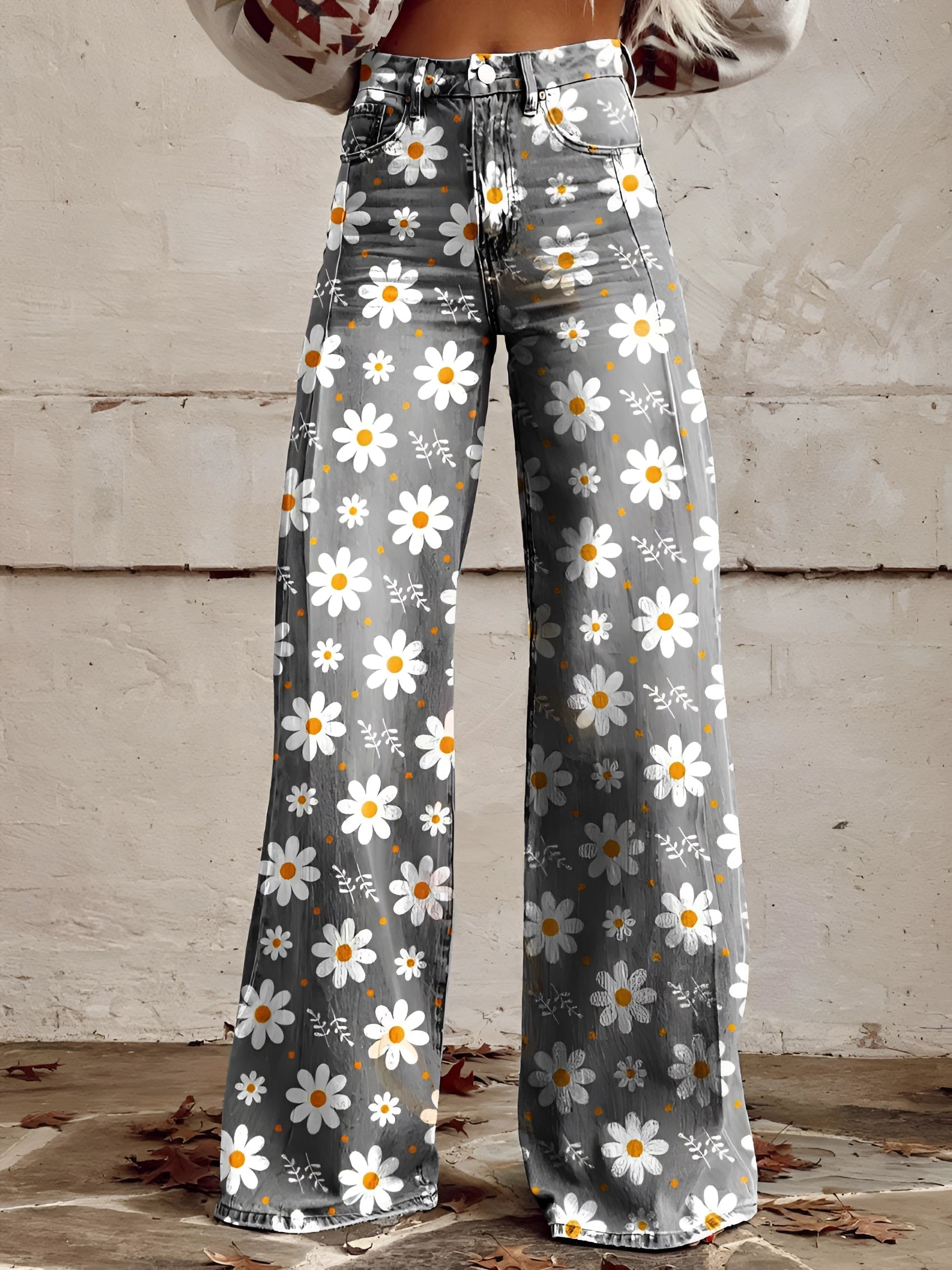Damen Wide-Leg-Jeans High-Waist aus Denim mit Blumenprint – Vorderansicht