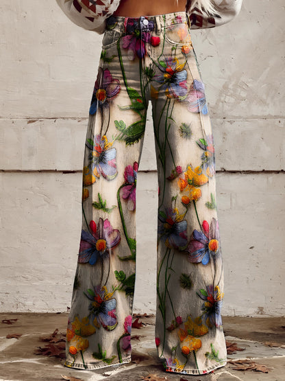 Damen Wide-Leg-Jeans High-Waist aus Denim mit Blumenprint – Detailansicht