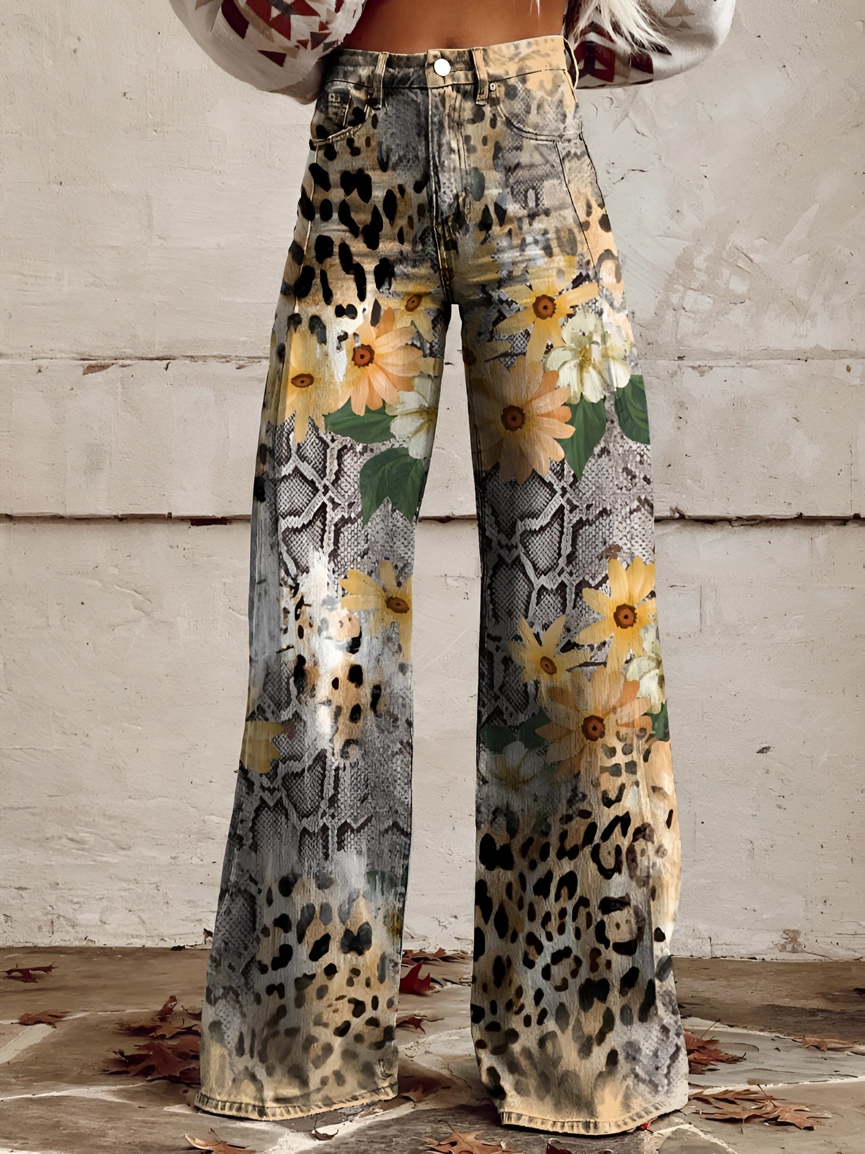 Damen Wide-Leg-Jeans High-Waist aus Denim mit Blumenprint – Detailansicht