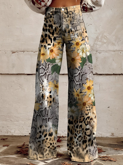 Damen Wide-Leg-Jeans High-Waist aus Denim mit Blumenprint – Detailansicht