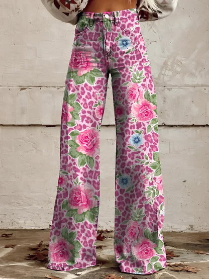 Damen Wide-Leg-Jeans High-Waist aus Denim mit Blumenprint – Detailansicht