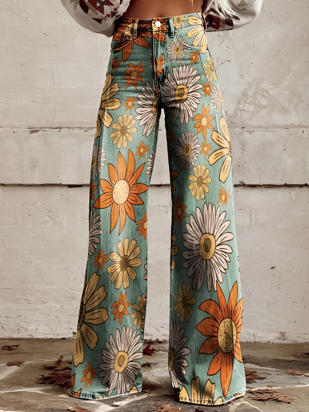 Damen Wide-Leg-Jeans High-Waist aus Denim mit Blumenprint – Detailansicht