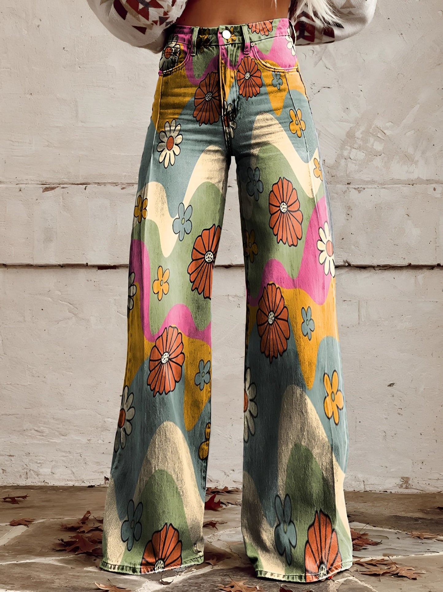 Damen Wide-Leg-Jeans High-Waist aus Denim mit Blumenprint – Detailansicht
