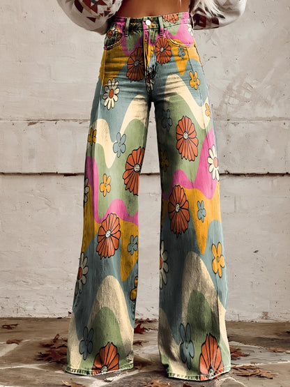 Damen Wide-Leg-Jeans High-Waist aus Denim mit Blumenprint – Detailansicht