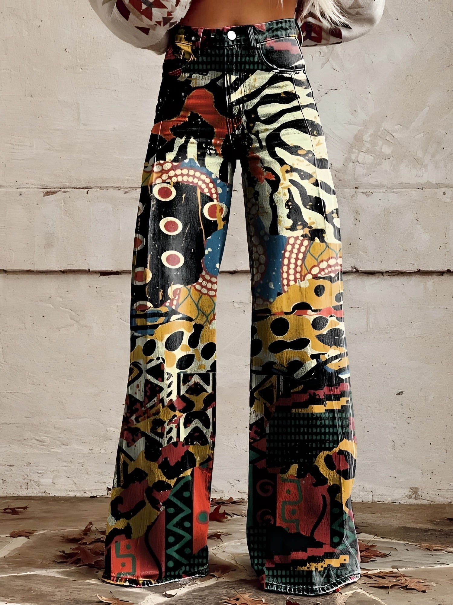 Damen Wide-Leg-Jeans High-Waist aus Denim mit Blumenprint – Detailansicht