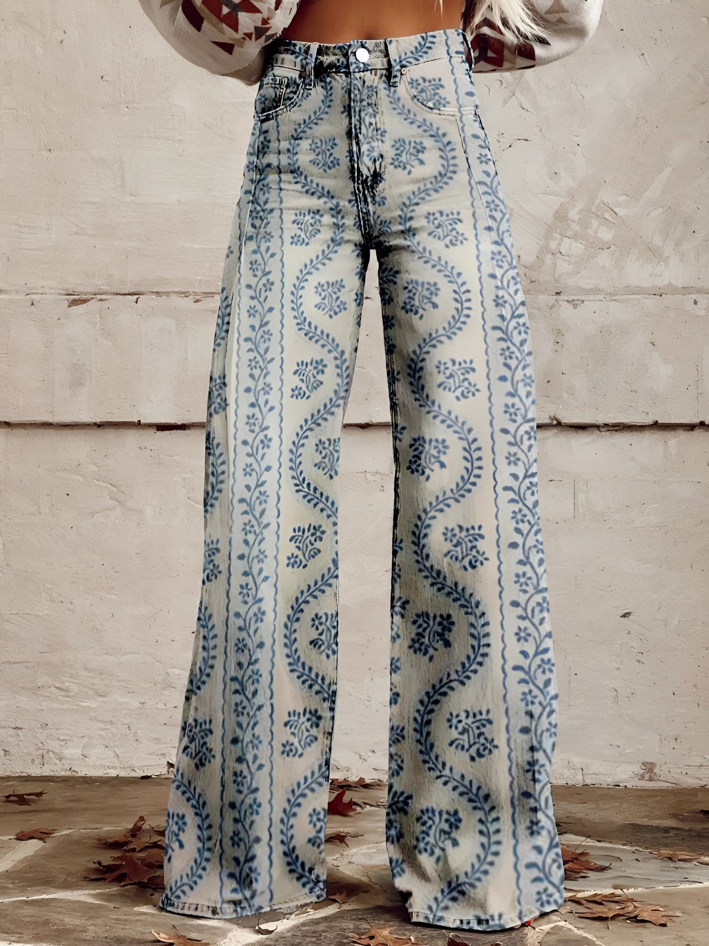 Damen Wide-Leg-Jeans High-Waist aus Denim mit Blumenprint – Seitenansicht