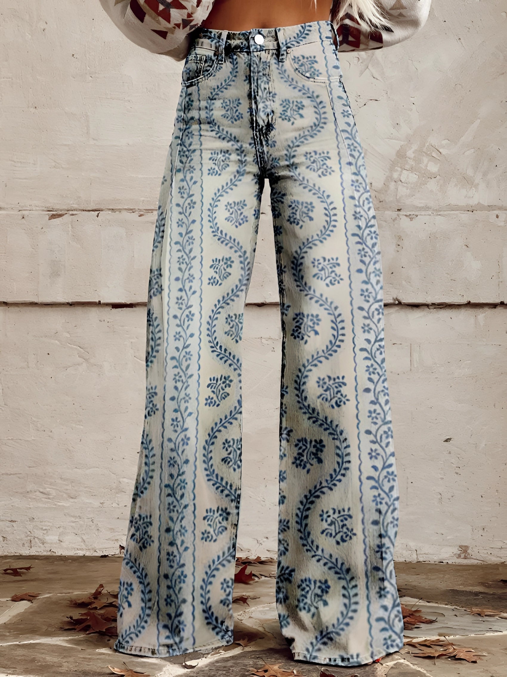 Damen Wide-Leg-Jeans High-Waist aus Denim mit Blumenprint – Seitenansicht