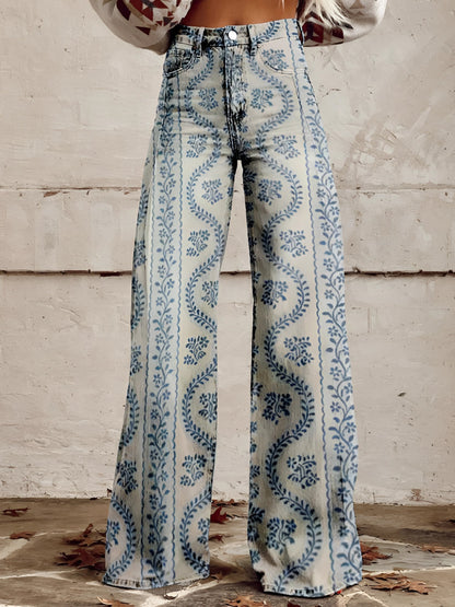 Damen Wide-Leg-Jeans High-Waist aus Denim mit Blumenprint – Seitenansicht