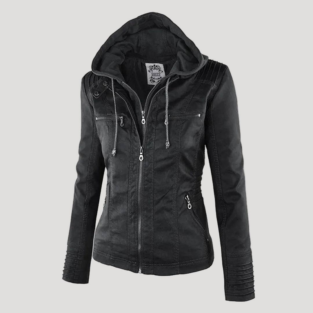 Kunstleder-Jacke Damen mit abnehmbarer Kapuze