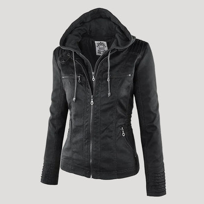 Kunstleder-Jacke Damen mit abnehmbarer Kapuze
