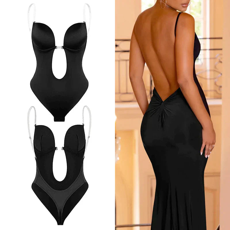 Rückenfreier Body Damen aus Polyester in Schwarz – formender Bodysuit, Vorderansicht