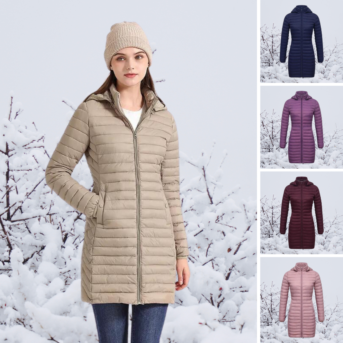 Parka Damen mit Kapuze – ultraleichte lange Winterjacke wattiert