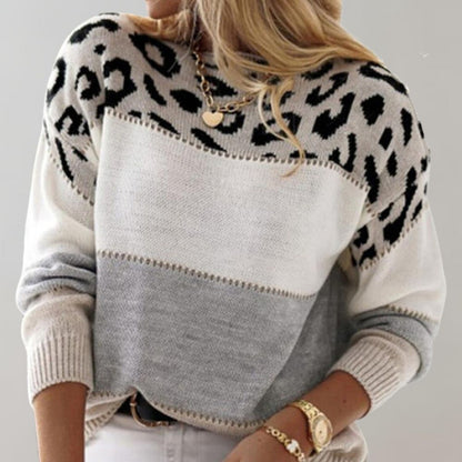 Strickpullover Damen mit Leopardenmuster – weicher Pullover im Farbblock-Design