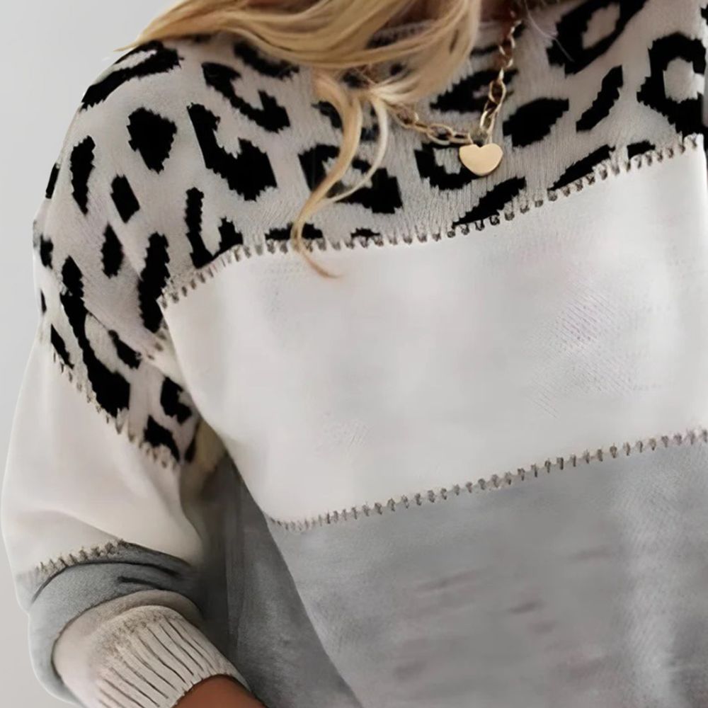 Strickpullover Damen mit Leopardenmuster – weicher Pullover im Farbblock-Design
