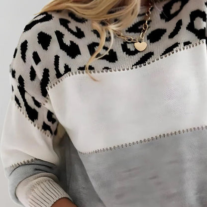 Strickpullover Damen mit Leopardenmuster – weicher Pullover im Farbblock-Design