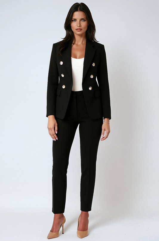 Zweireihiger Hosenanzug Damen aus Polyester in Schwarz – Blazer-Hosen-Set, Vorderansicht