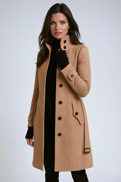 Klassischer Winter-Trenchcoat Damen aus Wolle – langer Wollmantel, Vorderansicht