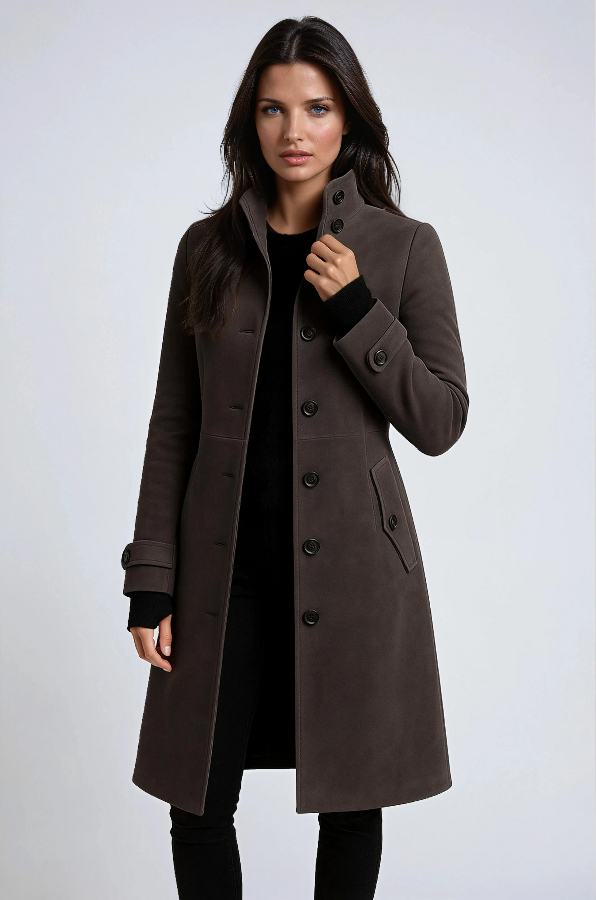 Klassischer Winter-Trenchcoat Damen aus Wolle – taillierter Wollmantel, Seitenansicht