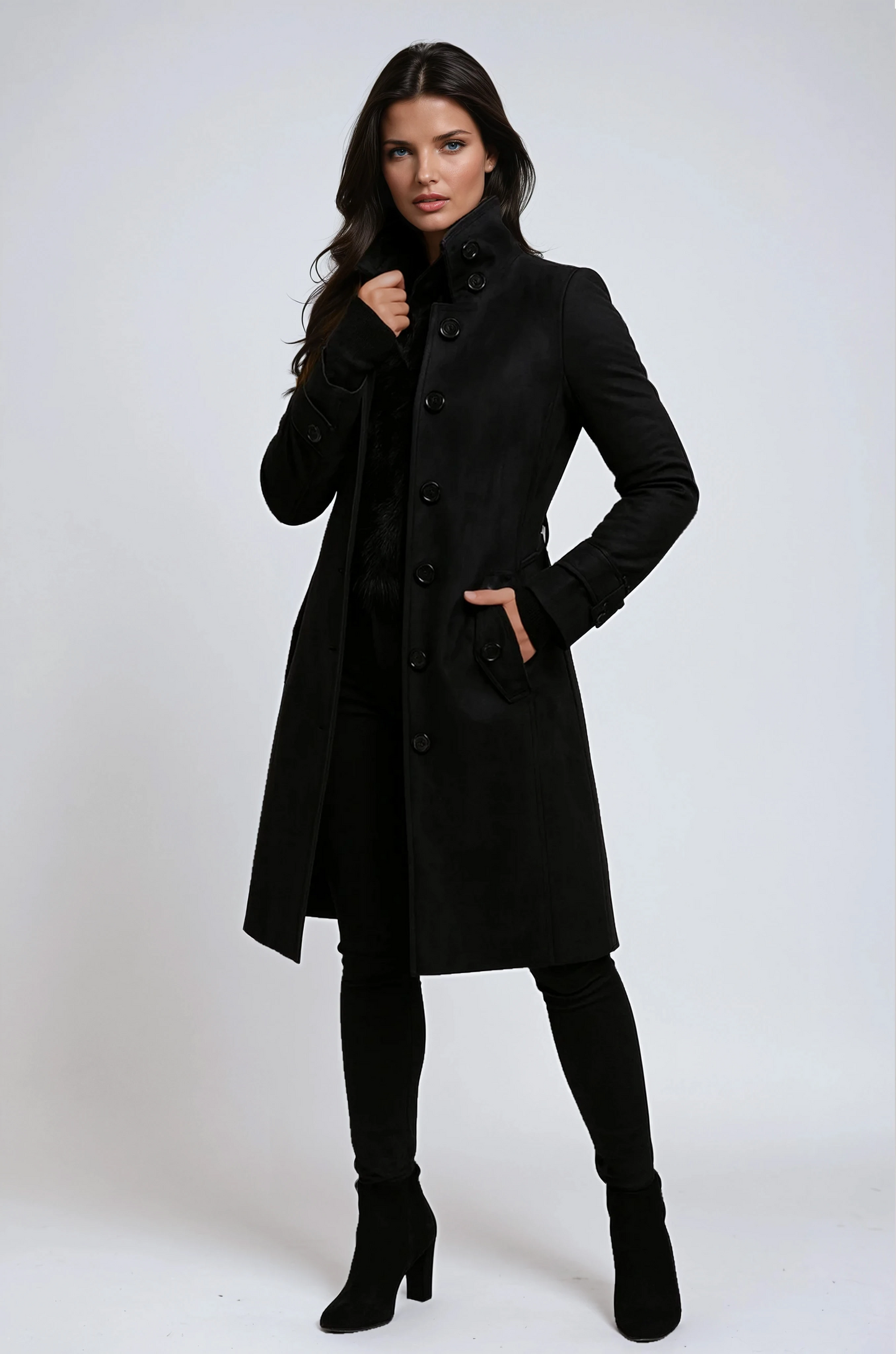 Klassischer Winter-Trenchcoat Damen aus Wolle – Detailansicht Knopfleiste