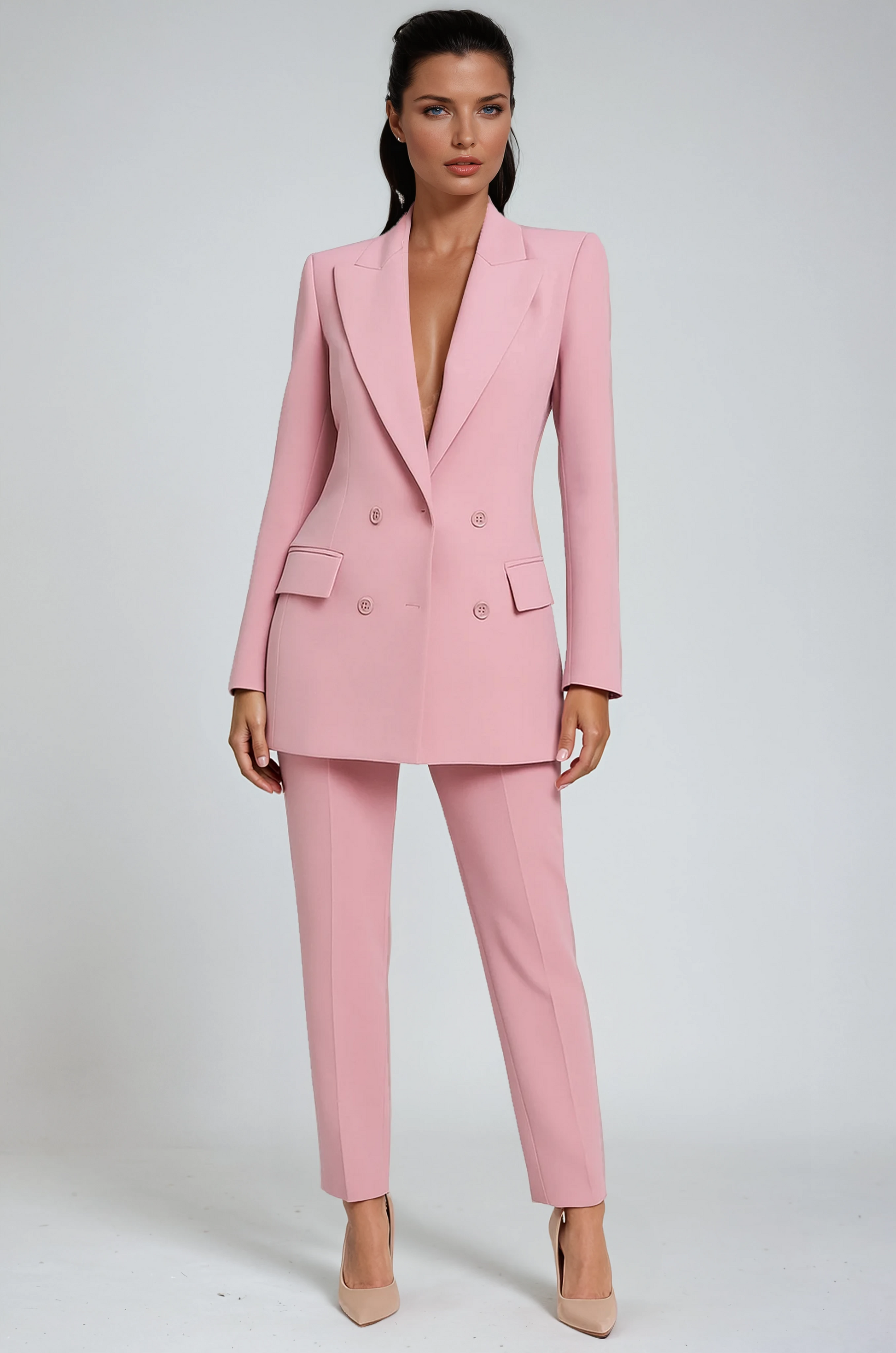 Hosenanzug Damen aus Polyester in Rosa – zweireihiges Blazer-Set, Vorderansicht