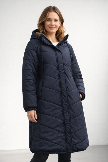 Langer Steppmantel Damen mit Kapuze und Fleecefutter