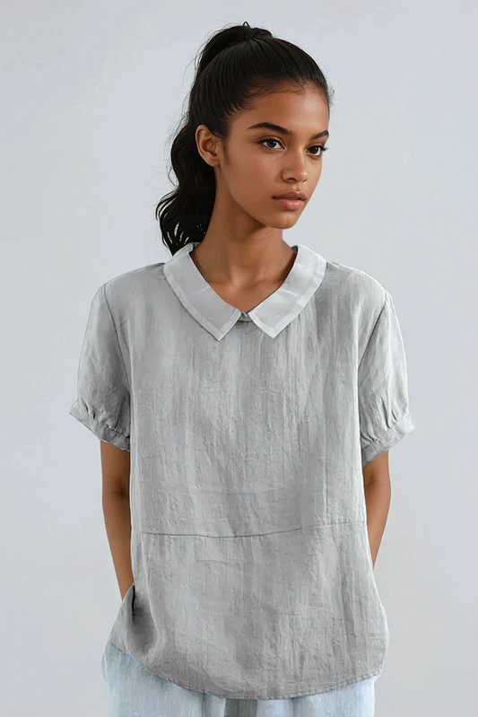 Bluse mit Bubikragen Damen aus Baumwolle in Grau – Kurzarm-Bluse, Vorderansicht