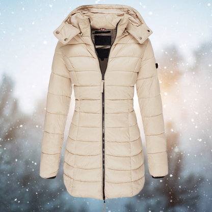 Damen Steppjacke lang mit Kapuze – warme Winterjacke