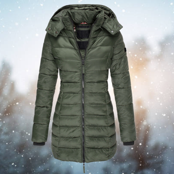 Damen Steppjacke lang mit Kapuze – warme Winterjacke