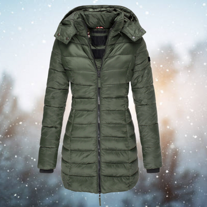 Damen Steppjacke lang mit Kapuze – warme Winterjacke