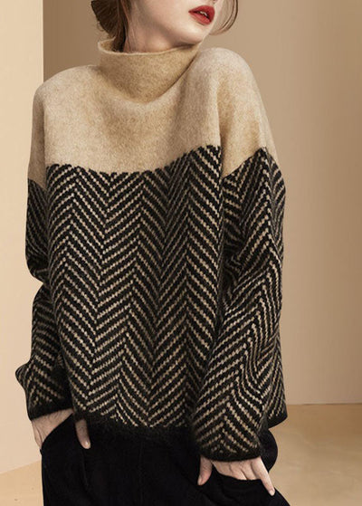 Rollkragenpullover Damen – warmer Strickpullover im Patchwork-Design