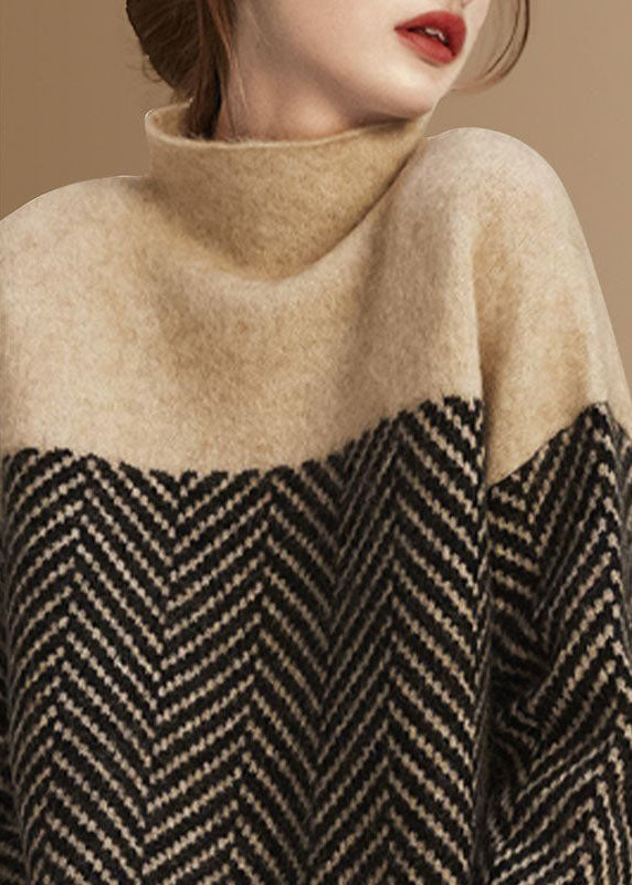 Rollkragenpullover Damen – warmer Strickpullover im Patchwork-Design