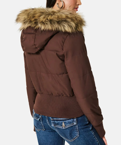 Gesteppte Winterjacke aus Leinen mit Kapuze und Kunstfellbesatz